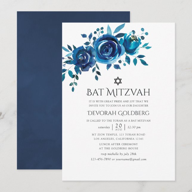 Navy and White Watercolor Floral Bat Mitzvah Invitation (Front/Back)