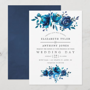 Navy and White Watercolor Floral Wedding Invitation