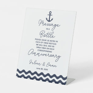navy and white wedding message in a bottle print pedestal sign