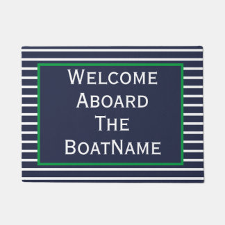 Navy and White With Green Welcome Aboard Boat Doormat