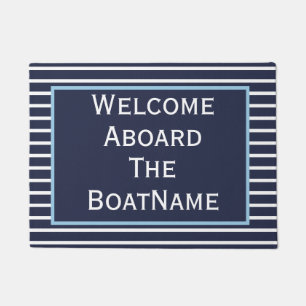 Navy and White With Light Blue Welcome Aboard Boat Doormat