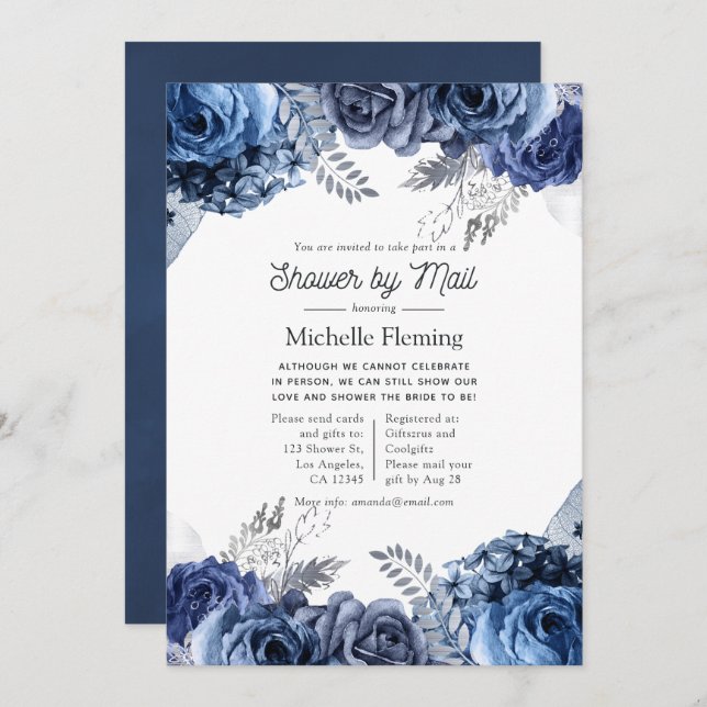 Navy and White with Silver Baby Shower by Mail Invitation (Front/Back)