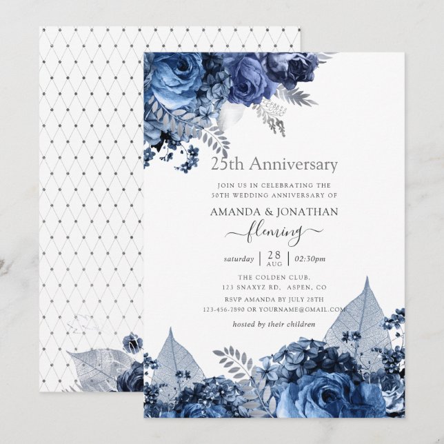 Navy and White with Silver Foil 25th Anniversary Invitation (Front/Back)