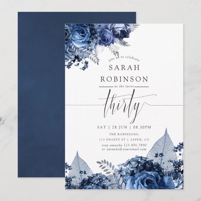 Navy and White with Silver Foil 30th Birthday Invitation (Front/Back)