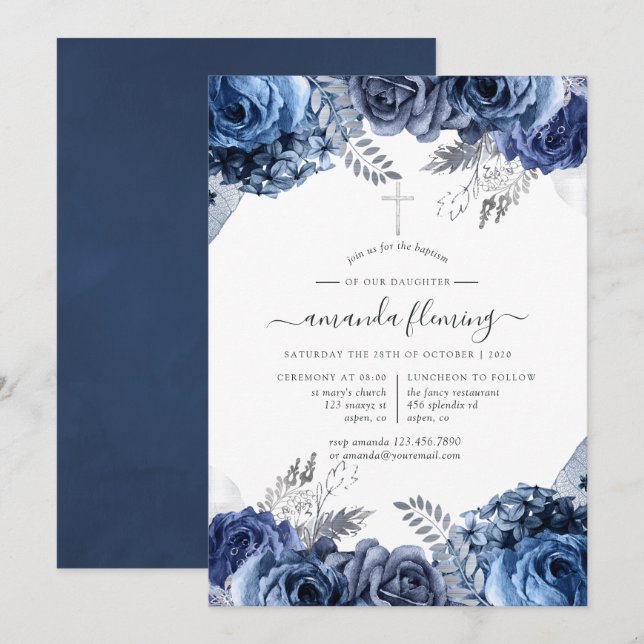 Navy and White with Silver Foil Floral Baptism Invitation (Front/Back)