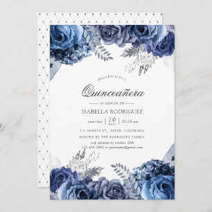 Navy and White with Silver Foil Floral Quinceañera Invitation