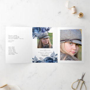 Navy and White with Silver Foil Floral Quinceañera Tri-Fold Invitation