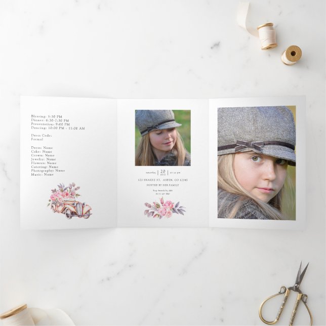 Navy and White with Silver Foil Floral Quinceañera Tri-Fold Invitation (Inside)