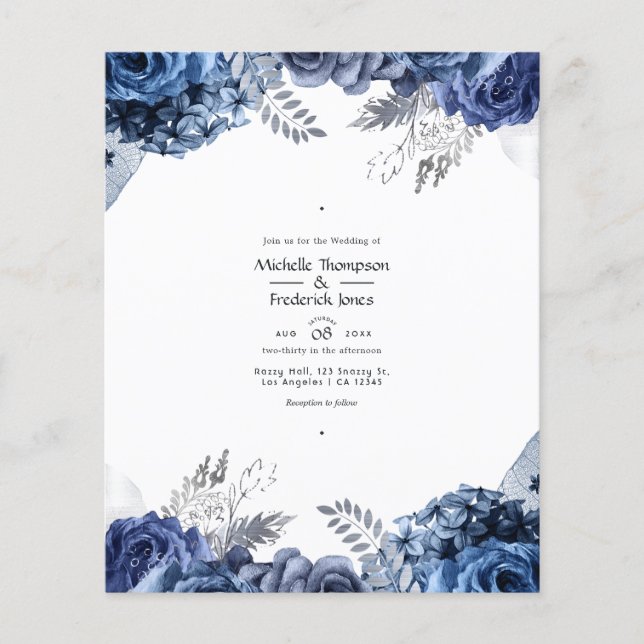 Navy and White with Silver Foil Floral Wedding Flyer (Front)