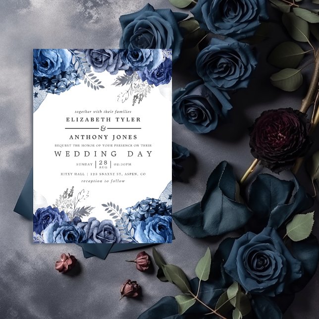 Navy and White with Silver Foil Floral Wedding Invitation (Creator Uploaded)