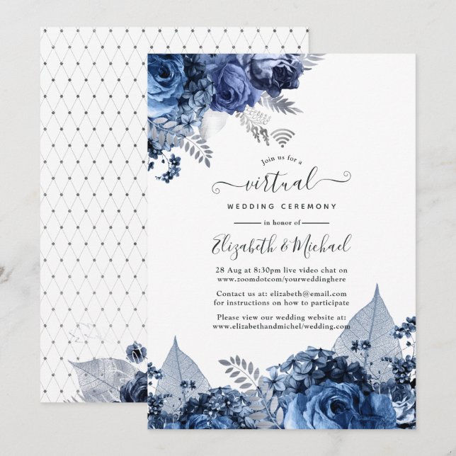Navy and White with Silver Foil Virtual Wedding Invitation (Front/Back)