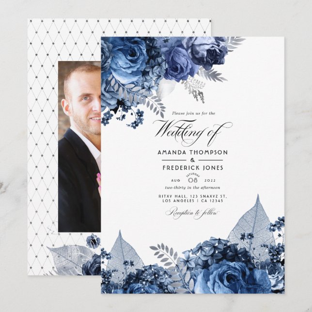 Navy and White with Silver Foil Wedding Invitation (Front/Back)