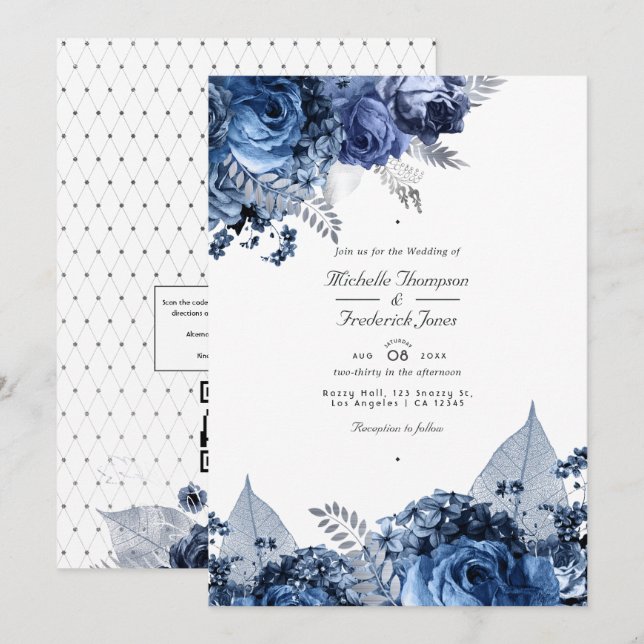 Navy and White with Silver Foil Wedding Invitation (Front/Back)