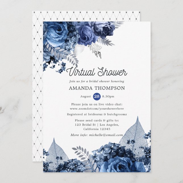 Navy and White with Silver Virtual Bridal Shower Invitation (Front/Back)