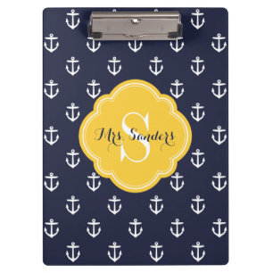 Navy and Yellow Anchors Custom Monogram Clipboard