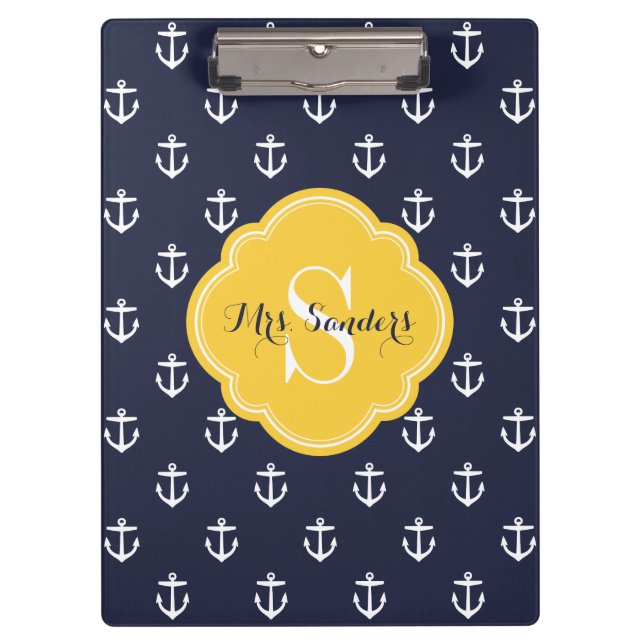 Navy and Yellow Anchors Custom Monogram Clipboard (Front)