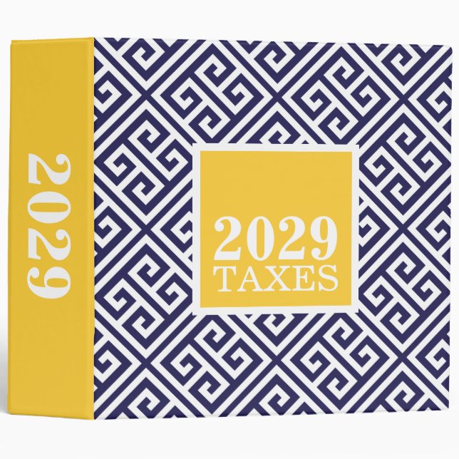 Navy and Yellow Greek Key Tax Organizer Binder (Front/Spine)
