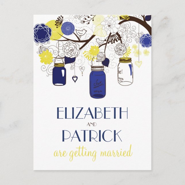 Navy and Yellow Mason Jars Save the Date Postcard (Front)