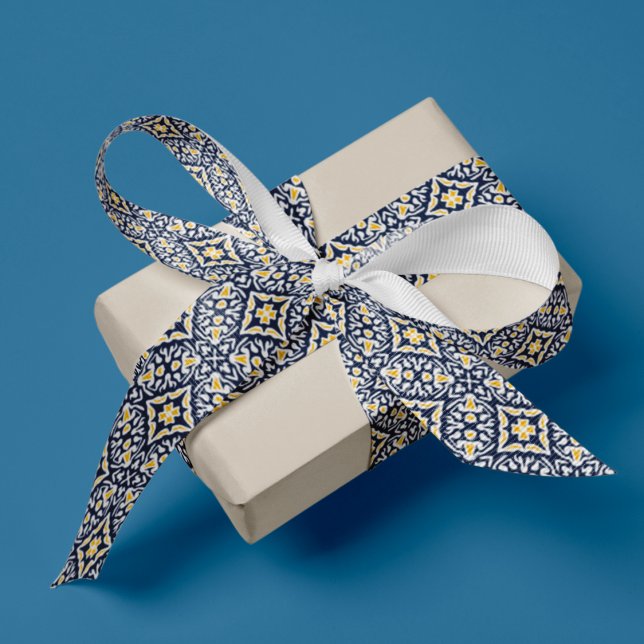 Navy and Yellow Mediterranean Pattern Grosgrain Ribbon (Creator Uploaded)