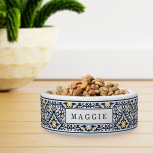 Navy and Yellow Mediterranean Pattern Pet Bowl