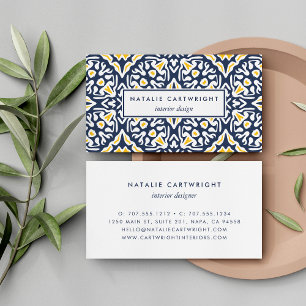 Navy and Yellow Mediterranean Tile Pattern Business Card