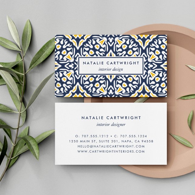 Navy and Yellow Mediterranean Tile Pattern Business Card (Creator Uploaded)