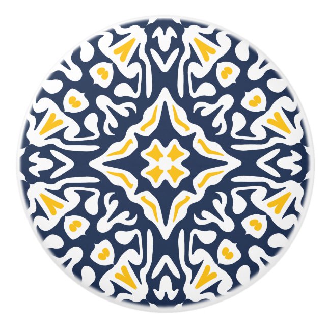 Navy and Yellow Mediterranean Tile Pattern Ceramic Knob (Front)