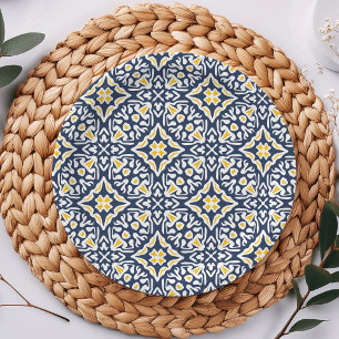 Navy and Yellow Mediterranean Tile Pattern Paper Plate