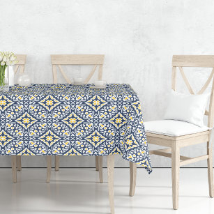 Navy and Yellow Mediterranean Tile Pattern Tablecloth