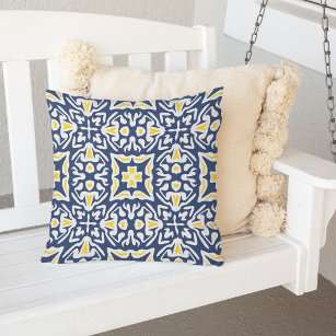 Navy and Yellow Mediterranean Tile Pattern Throw Pillow