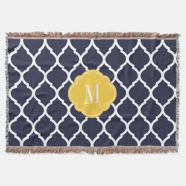Navy and Yellow Moroccan Quatrefoil Monogram Throw Blanket (Front)