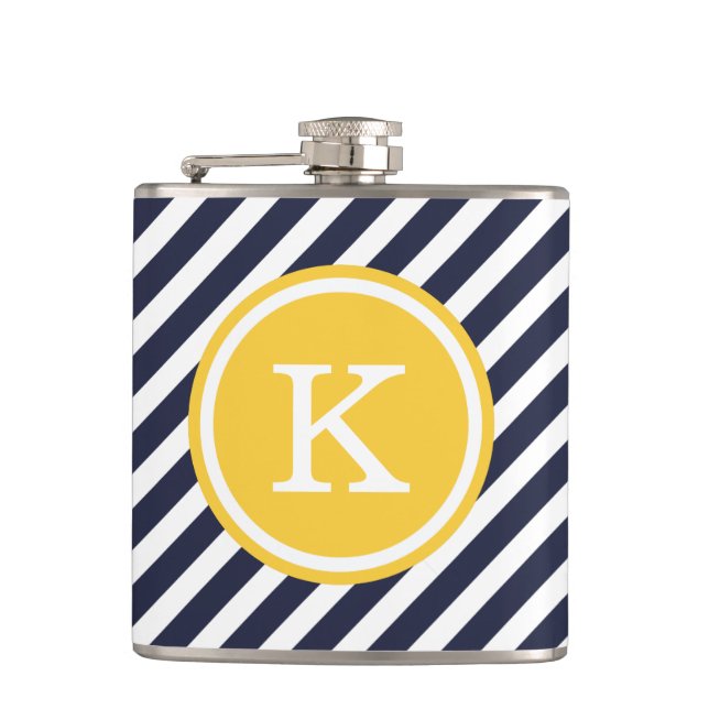 Navy and Yellow Nautical Stripes Monogram Hip Flask (Front)