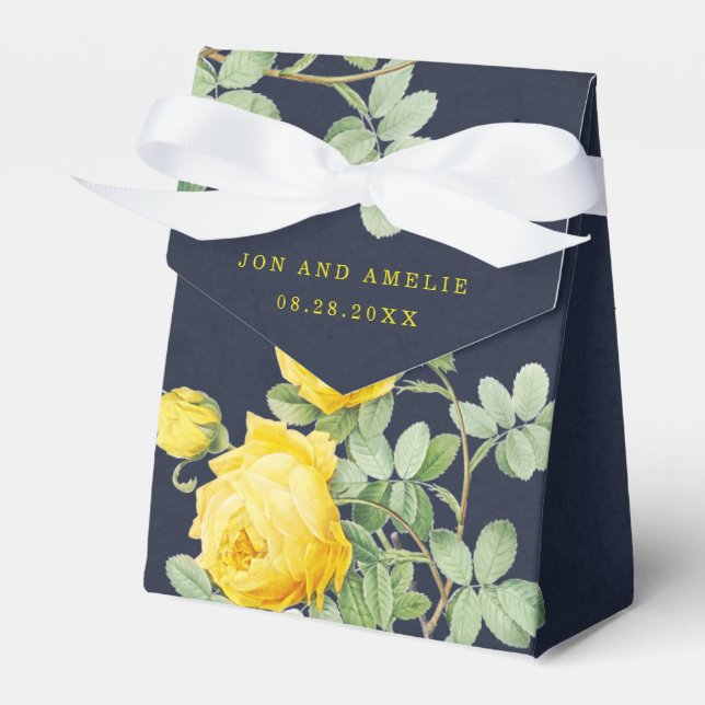 Navy and Yellow Rose Romantic Wedding Favor Box (Front Side)