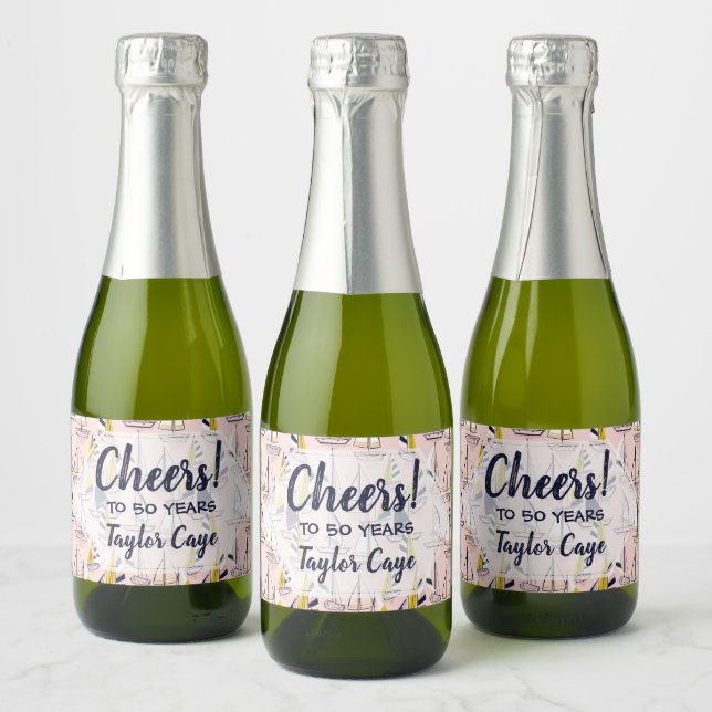 Navy and Yellow Sailboats on a Pink Sea Mini Sparkling Wine Label (Bottles)