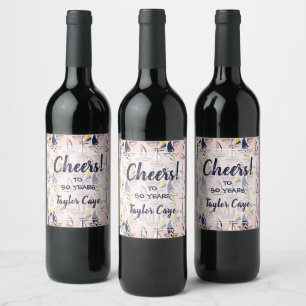 Navy and Yellow Sailboats on a Pink Sea Wine Label