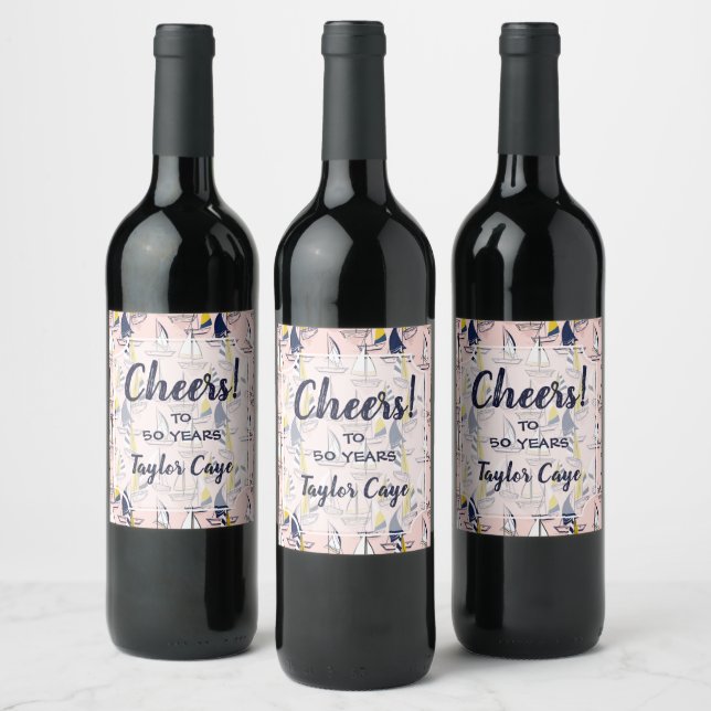 Navy and Yellow Sailboats on a Pink Sea Wine Label (Bottles)