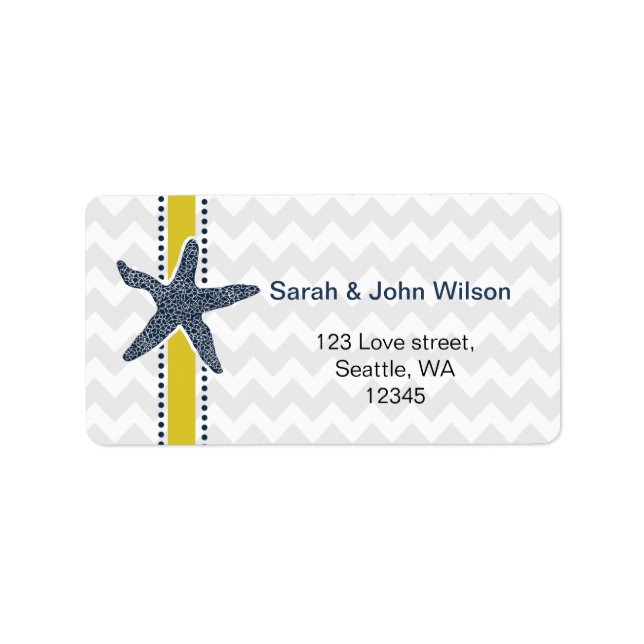 Navy and Yellow Starfish Beach Wedding Stationery Label (Front)