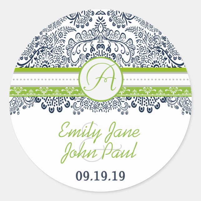 Navy Apple Green Grey Lace Wedding Classic Round Sticker (Front)