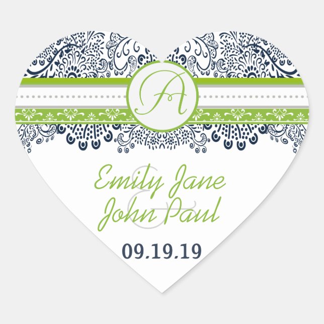 Navy Apple Green Grey Love Birds Wedding Invites Heart Sticker (Front)