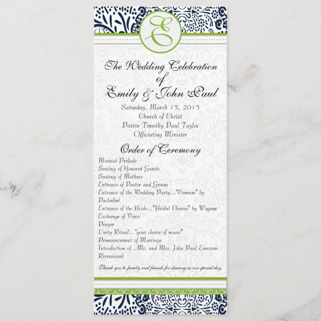 Navy Apple Green Grey Love Birds Wedding Programs (Front)