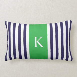 Navy Apple Green Stripes Monogram Lumbar Pillow