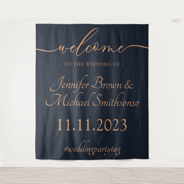 Navy Apricot Welcome to the wedding Tapestry (Front)