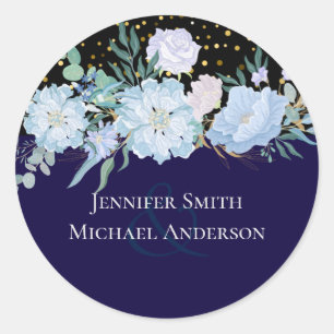 Navy Aqua Blue Floral Wedding Budget Classic Round Sticker