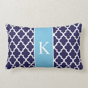 Navy Aqua Blue Moroccan Custom Monogram Lumbar Pillow