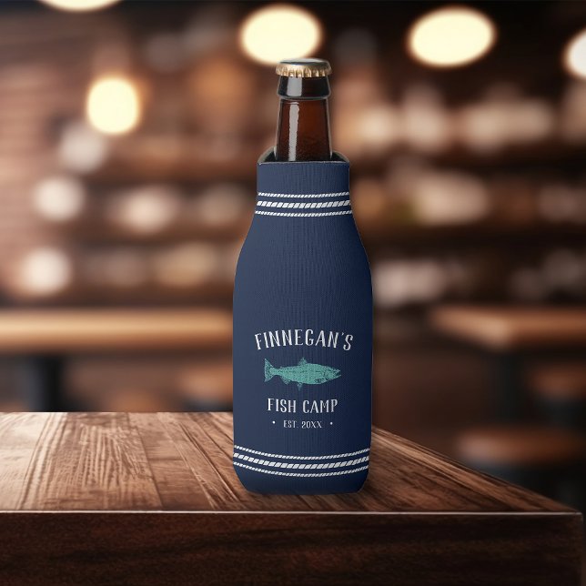 Navy & Aqua Rustic Fishing Cabin Personalized Bottle Cooler (Creator Uploaded)