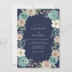 Navy Aqua Watercolor Wedding Invitation