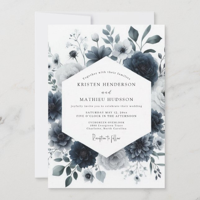 Navy Aquarelle Bloom Wedding Invitation (Front)