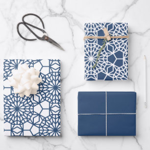 Navy Arabesque Geometric Pattern Wrapping Paper Sheet