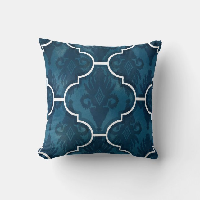 Navy Arabesque IKAT Damask Moroccan Tile Pattern Throw Pillow (Front)