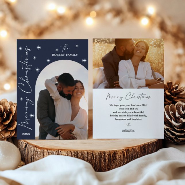 Navy Arch Modern Script 2 Photo Merry Christmas  Holiday Card (Creator Uploaded)